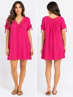 Robin Piccone Pink Dress flowy fabric and intricate crochet detailing Size L